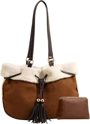 Large Capacity Tote Vintage Soft Plush Top Handle Drawstring Bucket Suede Shoulder for Women Handbag with Lamb Wool