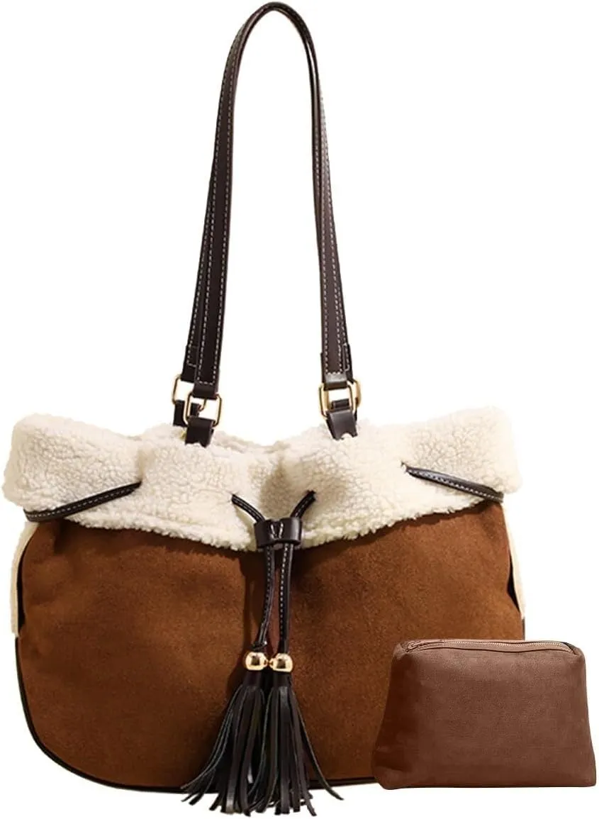 Large Capacity Tote Vintage Soft Plush Top Handle Drawstring Bucket Suede Shoulder for Women Handbag with Lamb Wool