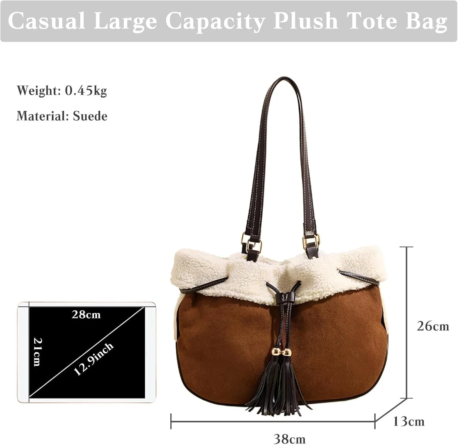 Large Capacity Tote Vintage Soft Plush Top Handle Drawstring Bucket Suede Shoulder for Women Handbag with Lamb Wool