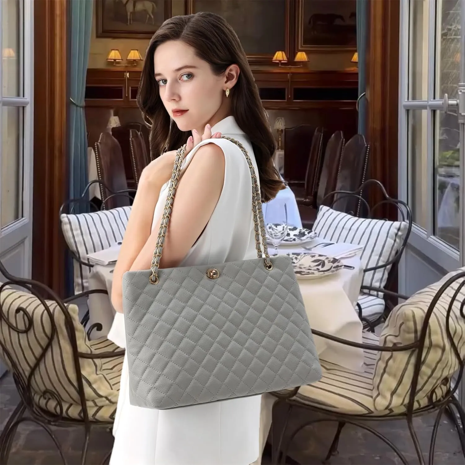 Large Chain Shoulder Bag for Women, Double Strap Handbags Tote Purse