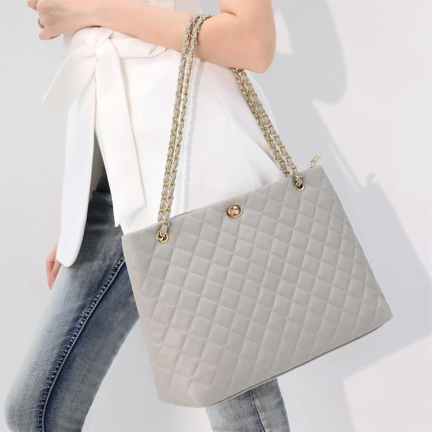 Large Chain Shoulder Bag for Women, Double Strap Handbags Tote Purse