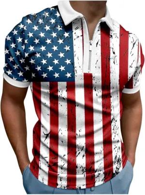 LCMTWX Men's American Flag Polo Shirt Men's Patriotic Golf Polo Shirt and Summer Fashion Leisure Seaside Beach Holiday 3D