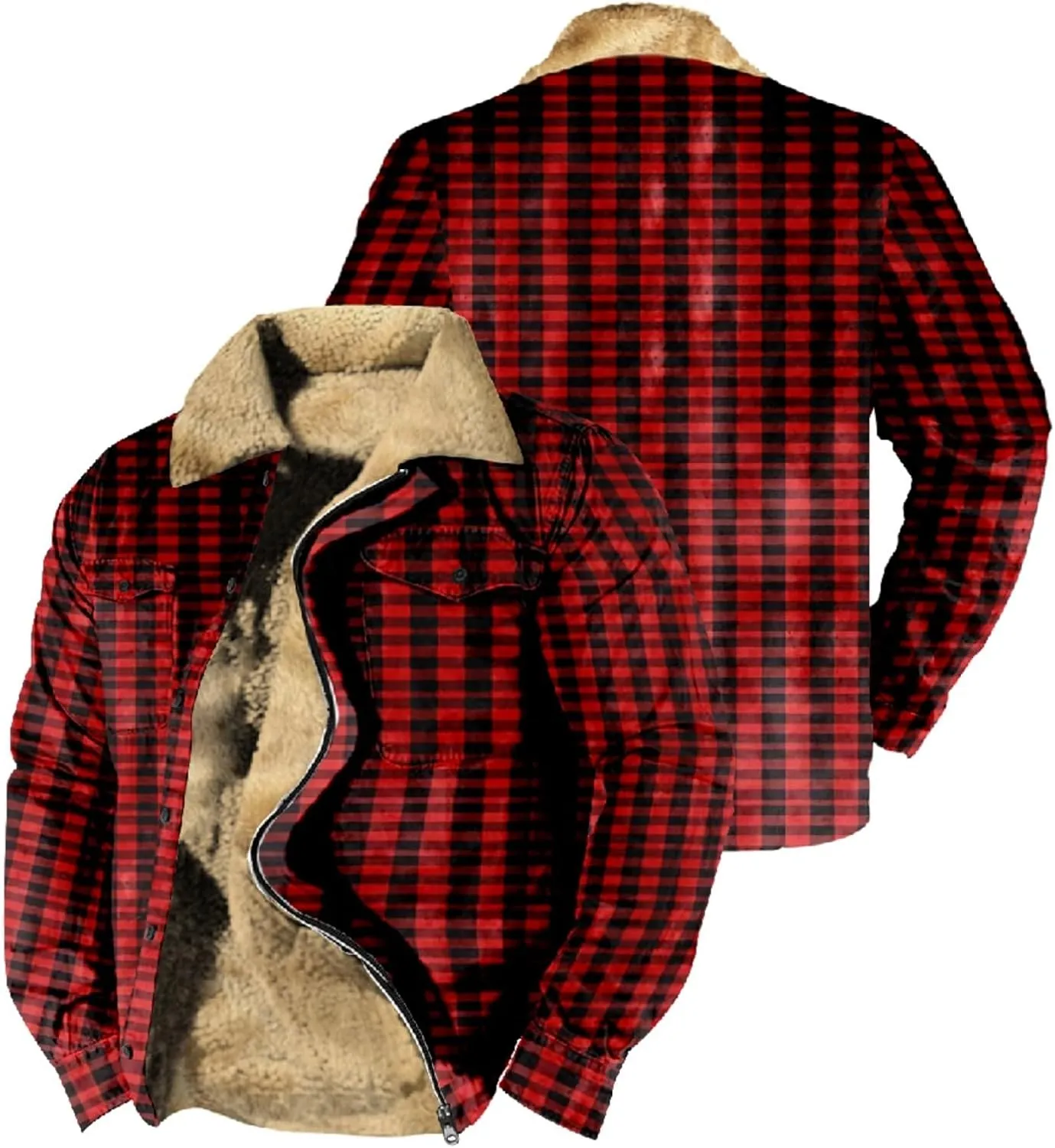 LCMTWX Men's Flannel Jackets Winter Retro Print Hooded Zipper Pocket Long Sleeve Shirt Patchwork Lightweight Shirt Heavy