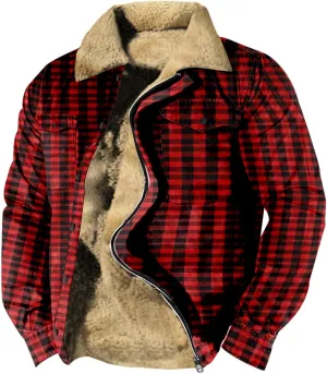 LCMTWX Men's Flannel Jackets Winter Retro Print Hooded Zipper Pocket Long Sleeve Shirt Patchwork Lightweight Shirt Heavy