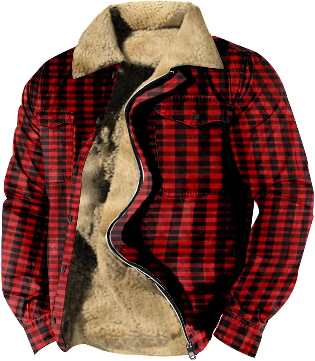 LCMTWX Men's Flannel Jackets Winter Retro Print Hooded Zipper Pocket Long Sleeve Shirt Patchwork Lightweight Shirt Heavy