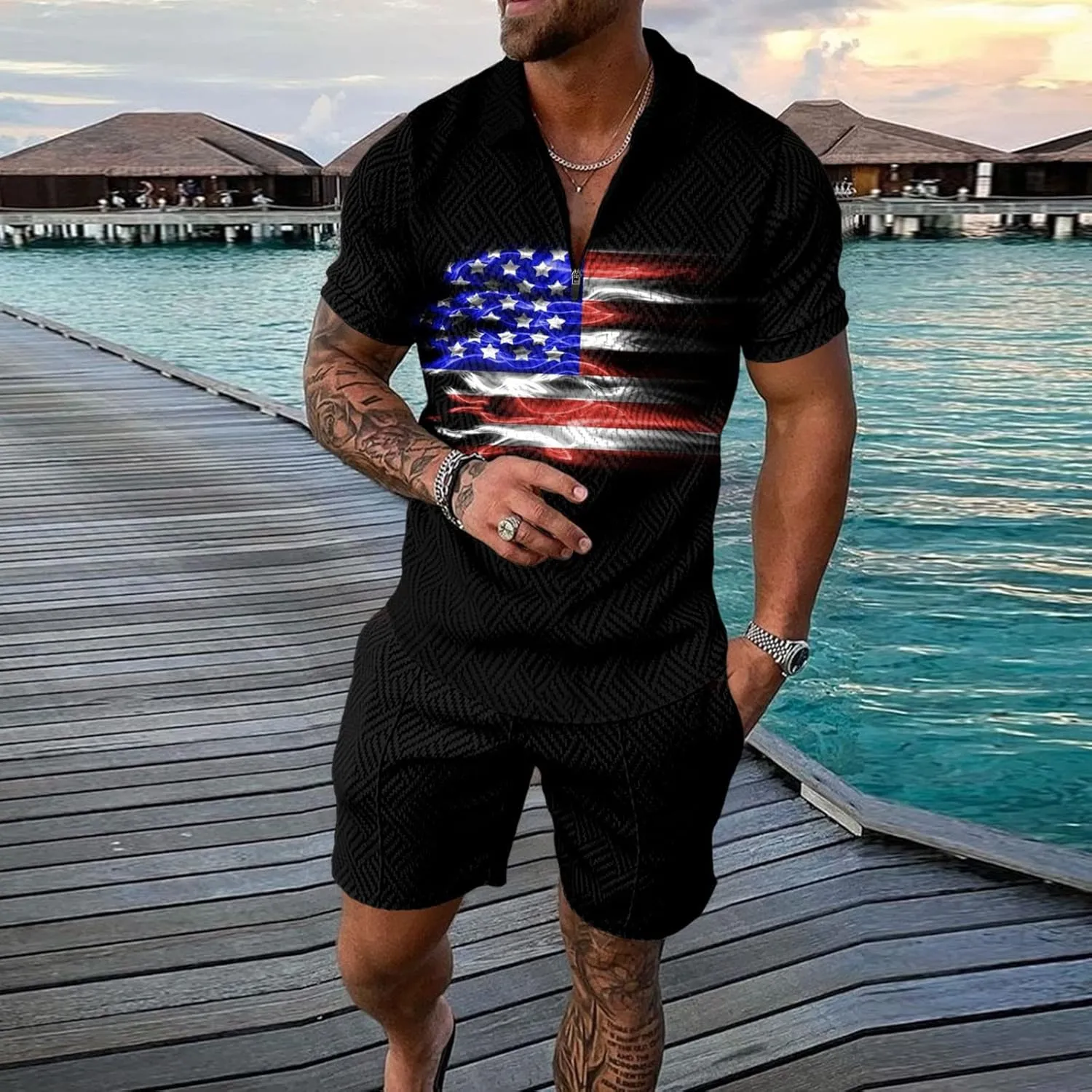 LCMTWX Tropical Golf Shirts for Men American Flag Patriotic Funny Golf Shirts for Men Seaside Beach Holiday 3D Digital