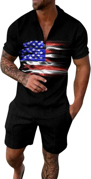 LCMTWX Tropical Golf Shirts for Men American Flag Patriotic Funny Golf Shirts for Men Seaside Beach Holiday 3D Digital