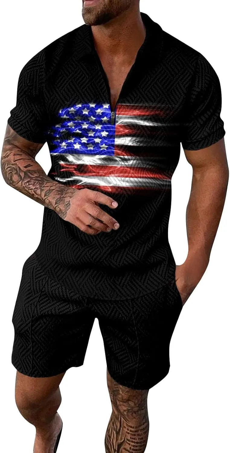 LCMTWX Tropical Golf Shirts for Men American Flag Patriotic Funny Golf Shirts for Men Seaside Beach Holiday 3D Digital