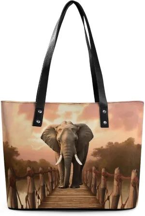 Leather Lady's Handbag,Elephant on A Bridge Print Work Handbags,Tote Bags for Women,Shoulder Hobo Handbags,Casual Tote Bag