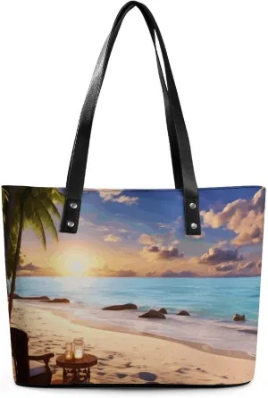 Leather Lady's Handbag,Romantic Beach Print Work Handbags,Tote Bags for Women,Shoulder Hobo Handbags,Casual Tote Bag