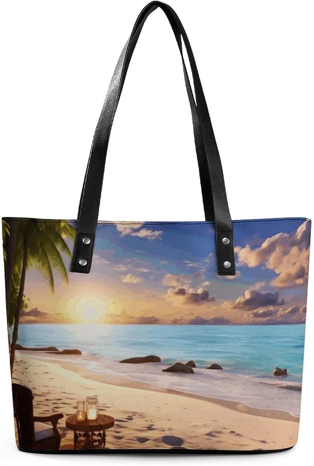 Leather Lady's Handbag,Romantic Beach Print Work Handbags,Tote Bags for Women,Shoulder Hobo Handbags,Casual Tote Bag