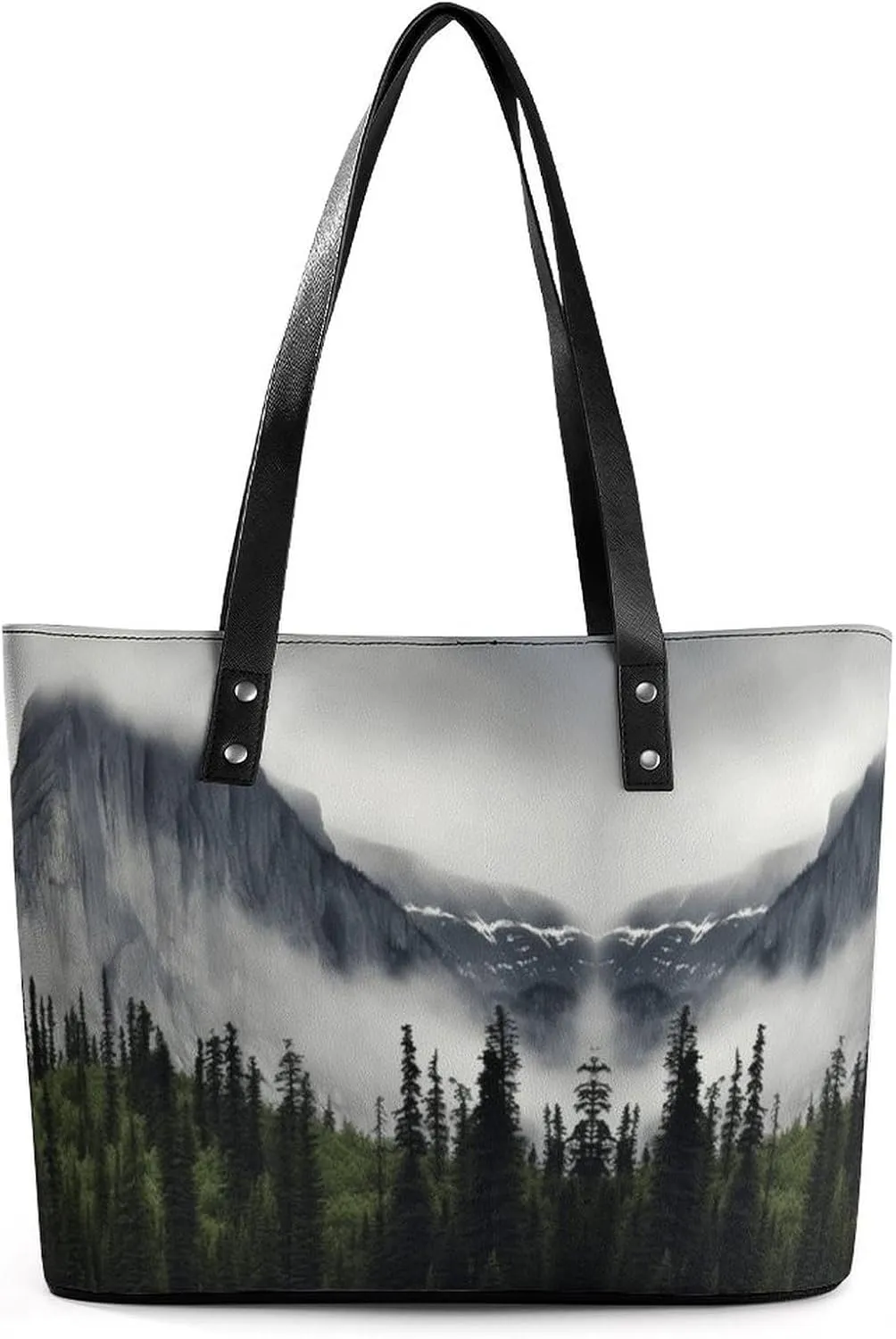 Leather Lady's Handbag,Smokey Mountain Cliff Print Shoulder Bag,Tote Bags for Women, Shoulder Purses,Work Handbags