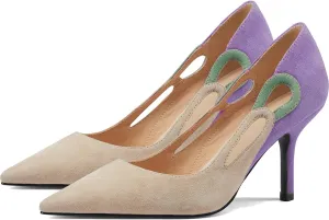 LEHOOR Women Kitten Heel Pumps Pointed Toe Suede Stilettos High Heel Dress Shoes Rainbow Slip On 2.5”Heels Cutout Sandals Multicolor Patchwork for Bridal Wedding Office Ladies Evening Party 4-11 M US