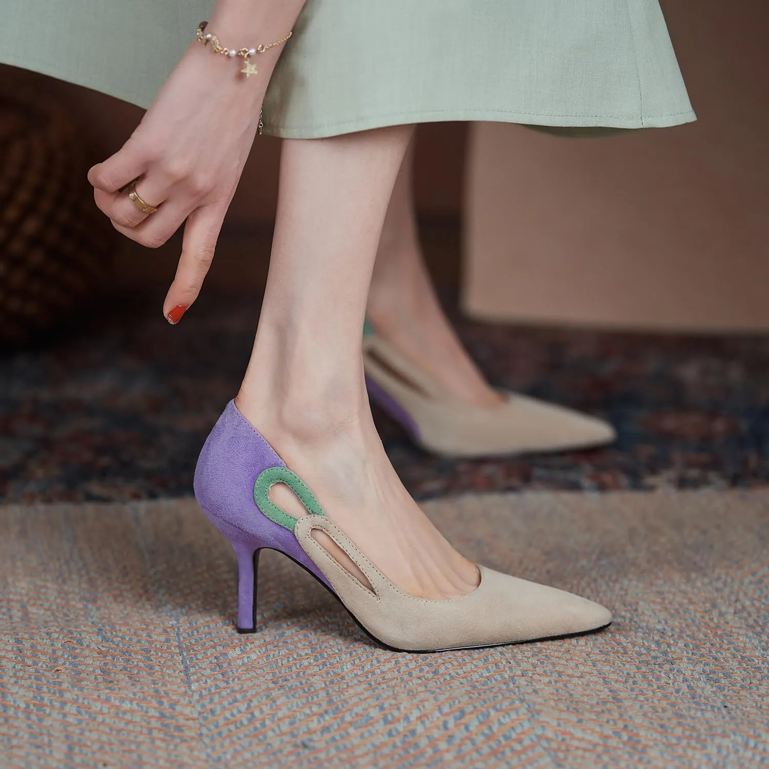 LEHOOR Women Kitten Heel Pumps Pointed Toe Suede Stilettos High Heel Dress Shoes Rainbow Slip On 2.5”Heels Cutout Sandals Multicolor Patchwork for Bridal Wedding Office Ladies Evening Party 4-11 M US