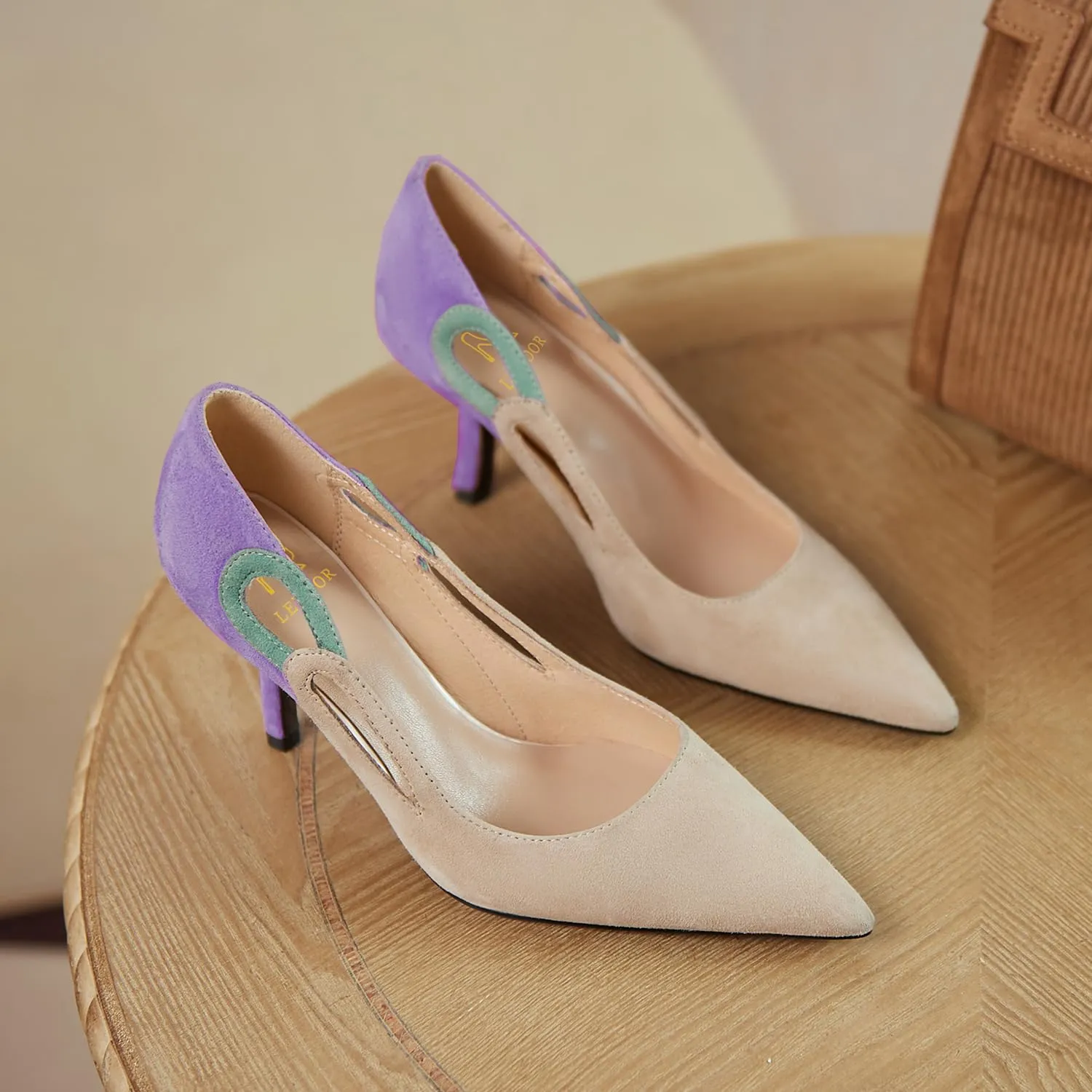 LEHOOR Women Kitten Heel Pumps Pointed Toe Suede Stilettos High Heel Dress Shoes Rainbow Slip On 2.5”Heels Cutout Sandals Multicolor Patchwork for Bridal Wedding Office Ladies Evening Party 4-11 M US