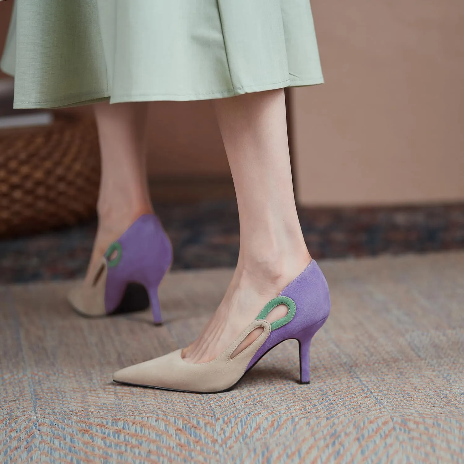 LEHOOR Women Kitten Heel Pumps Pointed Toe Suede Stilettos High Heel Dress Shoes Rainbow Slip On 2.5”Heels Cutout Sandals Multicolor Patchwork for Bridal Wedding Office Ladies Evening Party 4-11 M US