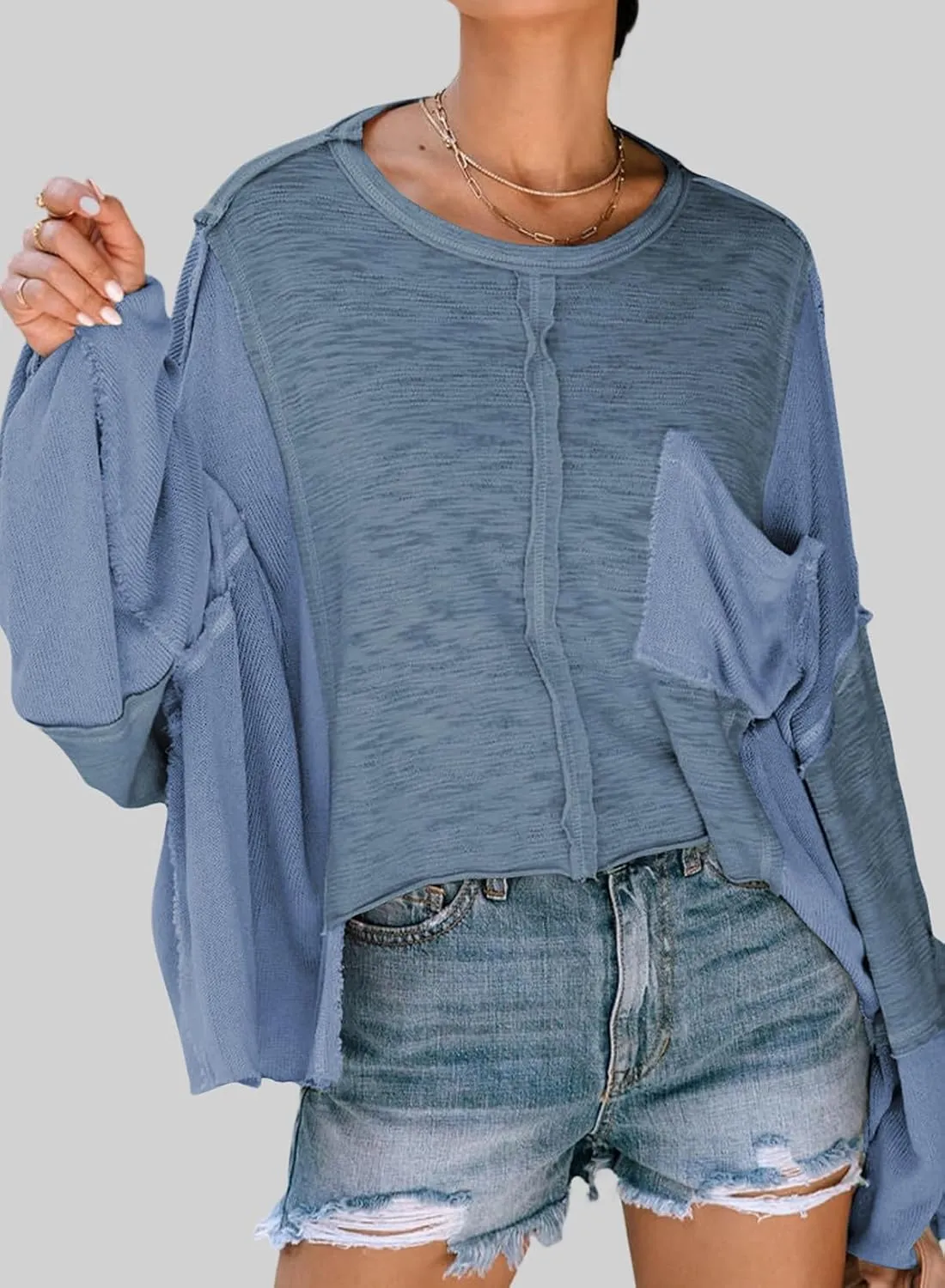 LEMAFER Women's Exposed Seam Chest Pocket Loose Sleeve Oversized Tunic Top Casual Solid Patchwork Long Sleeve Blouse