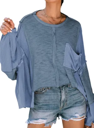 LEMAFER Women's Exposed Seam Chest Pocket Loose Sleeve Oversized Tunic Top Casual Solid Patchwork Long Sleeve Blouse