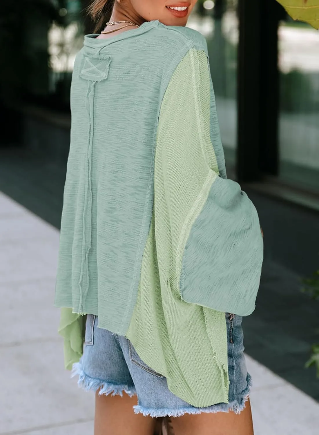 LEMAFER Women's Exposed Seam Chest Pocket Loose Sleeve Oversized Tunic Top Casual Solid Patchwork Long Sleeve Blouse