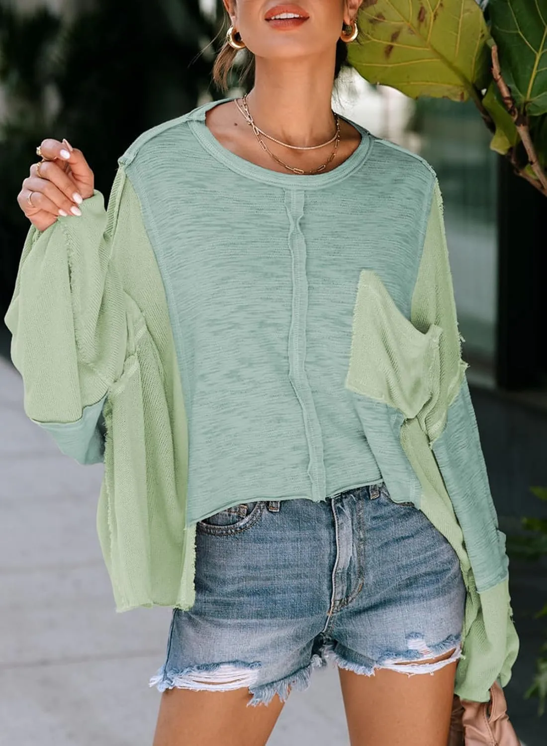 LEMAFER Women's Exposed Seam Chest Pocket Loose Sleeve Oversized Tunic Top Casual Solid Patchwork Long Sleeve Blouse