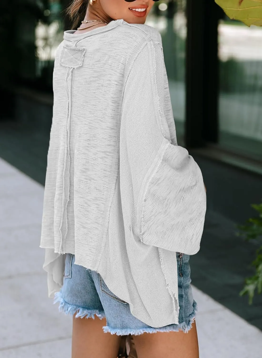 LEMAFER Women's Exposed Seam Chest Pocket Loose Sleeve Oversized Tunic Top Casual Solid Patchwork Long Sleeve Blouse