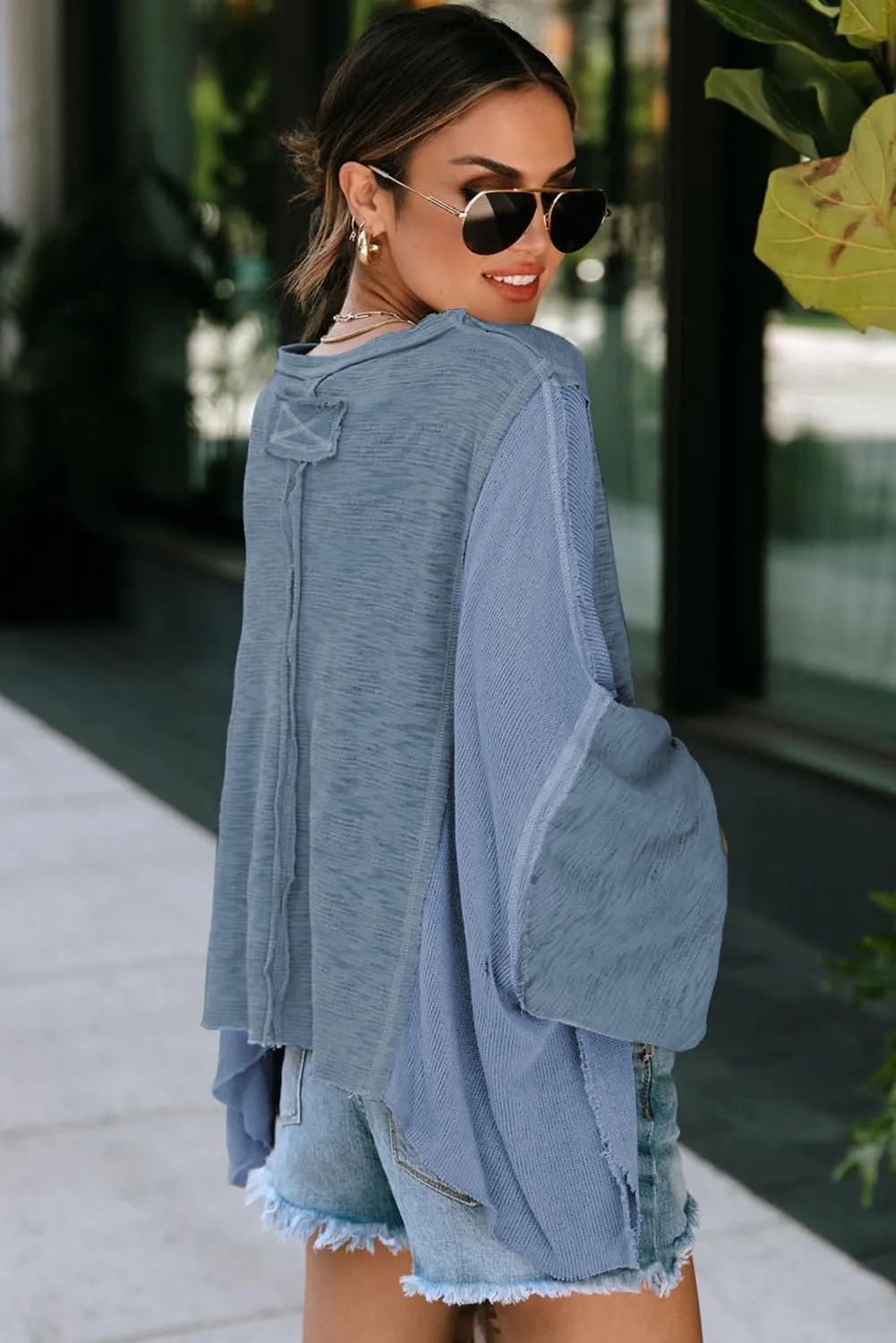 LEMAFER Women's Exposed Seam Chest Pocket Loose Sleeve Oversized Tunic Top Casual Solid Patchwork Long Sleeve Blouse