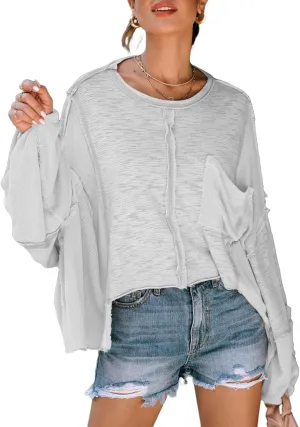 LEMAFER Women's Exposed Seam Chest Pocket Loose Sleeve Oversized Tunic Top Casual Solid Patchwork Long Sleeve Blouse