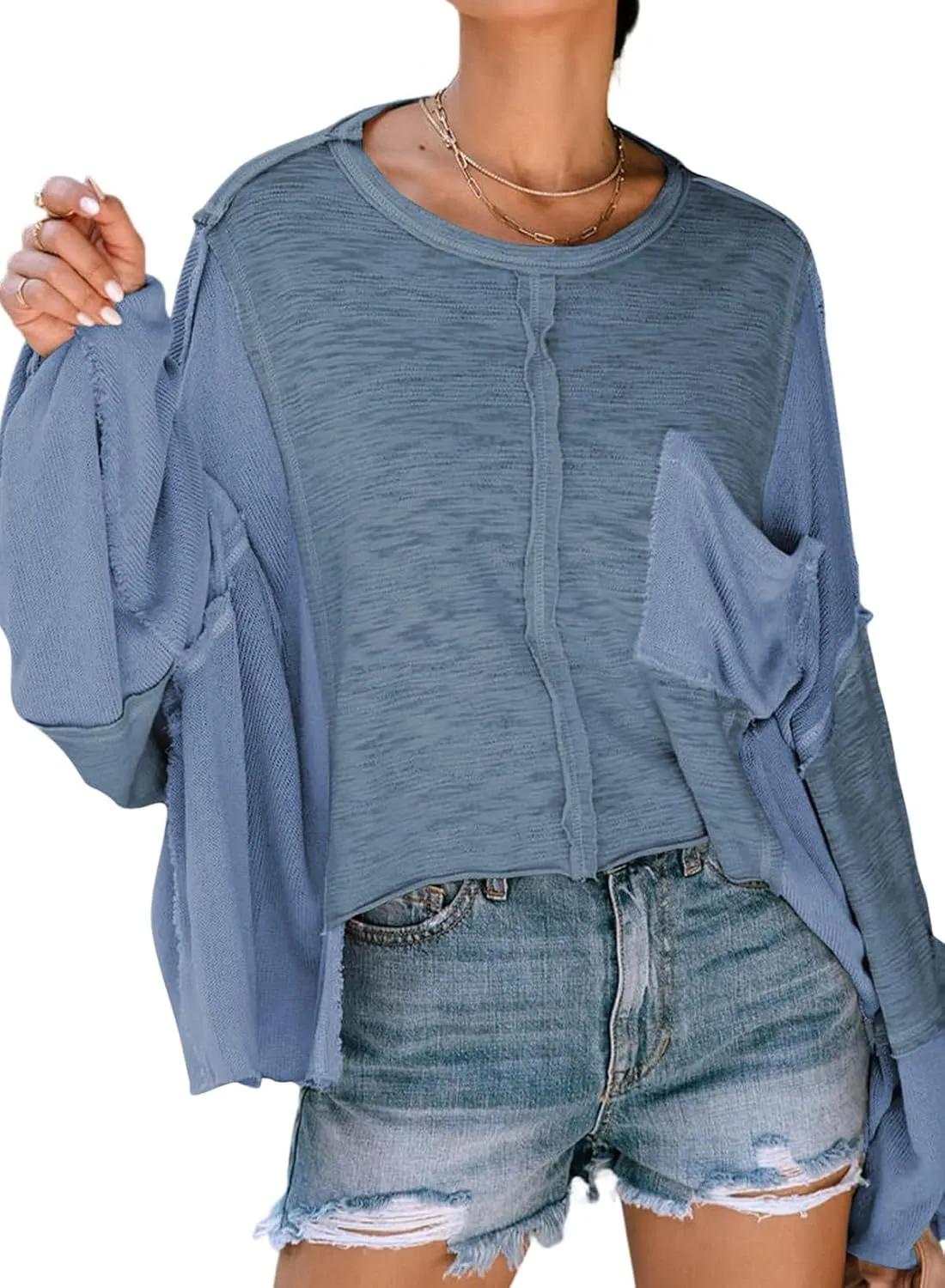 LEMAFER Women's Exposed Seam Chest Pocket Loose Sleeve Oversized Tunic Top Casual Solid Patchwork Long Sleeve Blouse
