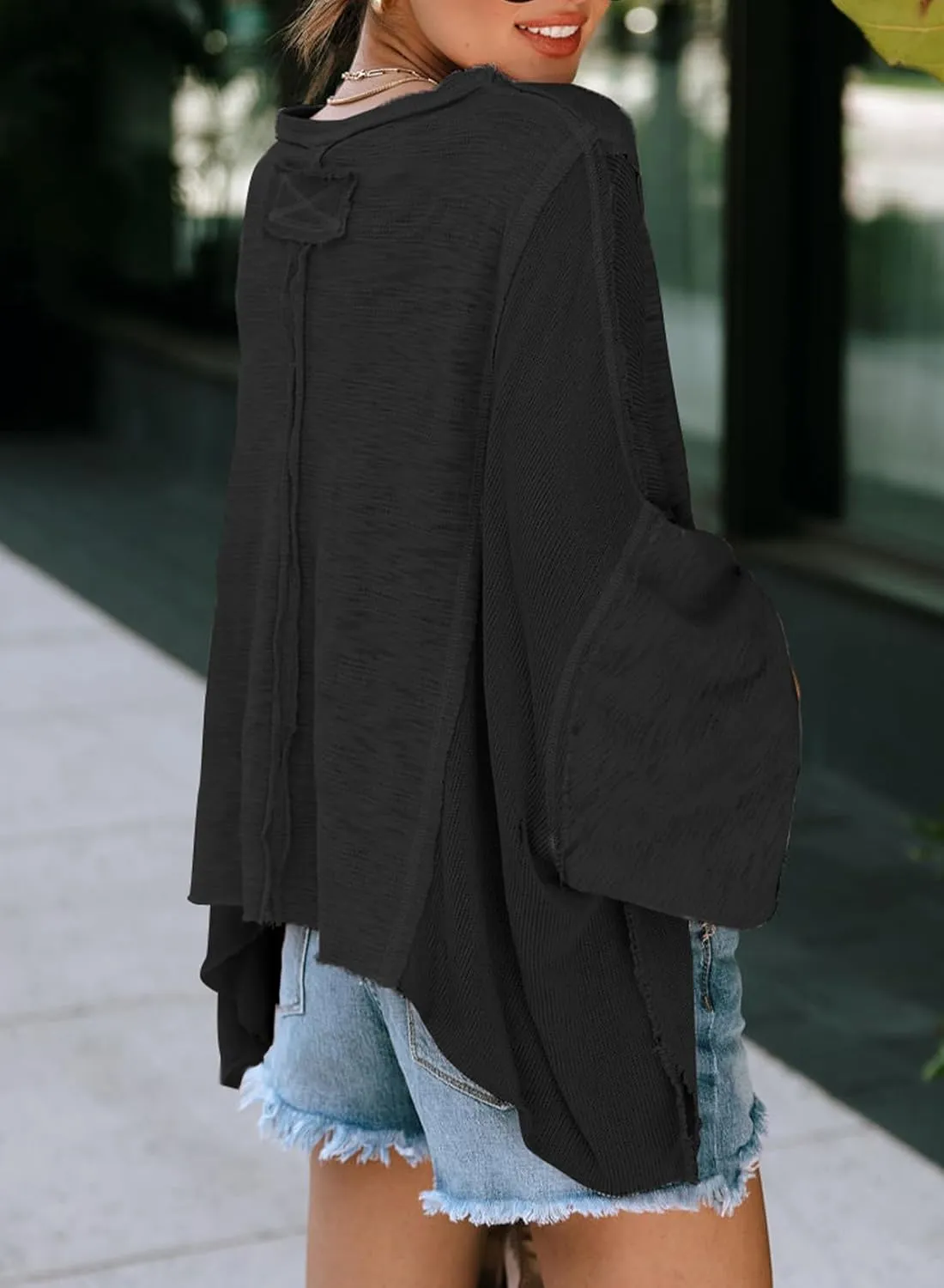 LEMAFER Women's Exposed Seam Chest Pocket Loose Sleeve Oversized Tunic Top Casual Solid Patchwork Long Sleeve Blouse