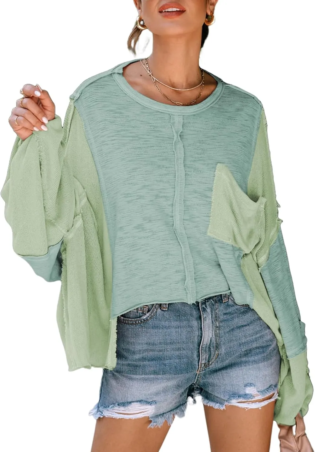 LEMAFER Women's Exposed Seam Chest Pocket Loose Sleeve Oversized Tunic Top Casual Solid Patchwork Long Sleeve Blouse