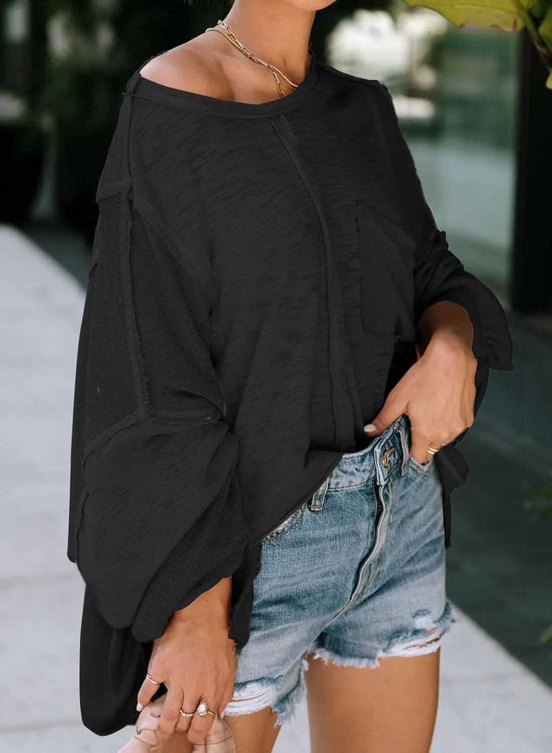 LEMAFER Women's Exposed Seam Chest Pocket Loose Sleeve Oversized Tunic Top Casual Solid Patchwork Long Sleeve Blouse