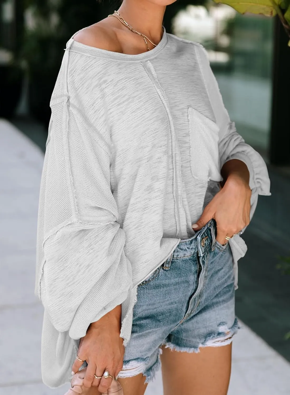 LEMAFER Women's Exposed Seam Chest Pocket Loose Sleeve Oversized Tunic Top Casual Solid Patchwork Long Sleeve Blouse