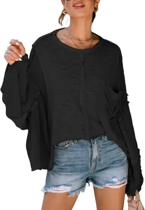 LEMAFER Women's Exposed Seam Chest Pocket Loose Sleeve Oversized Tunic Top Casual Solid Patchwork Long Sleeve Blouse