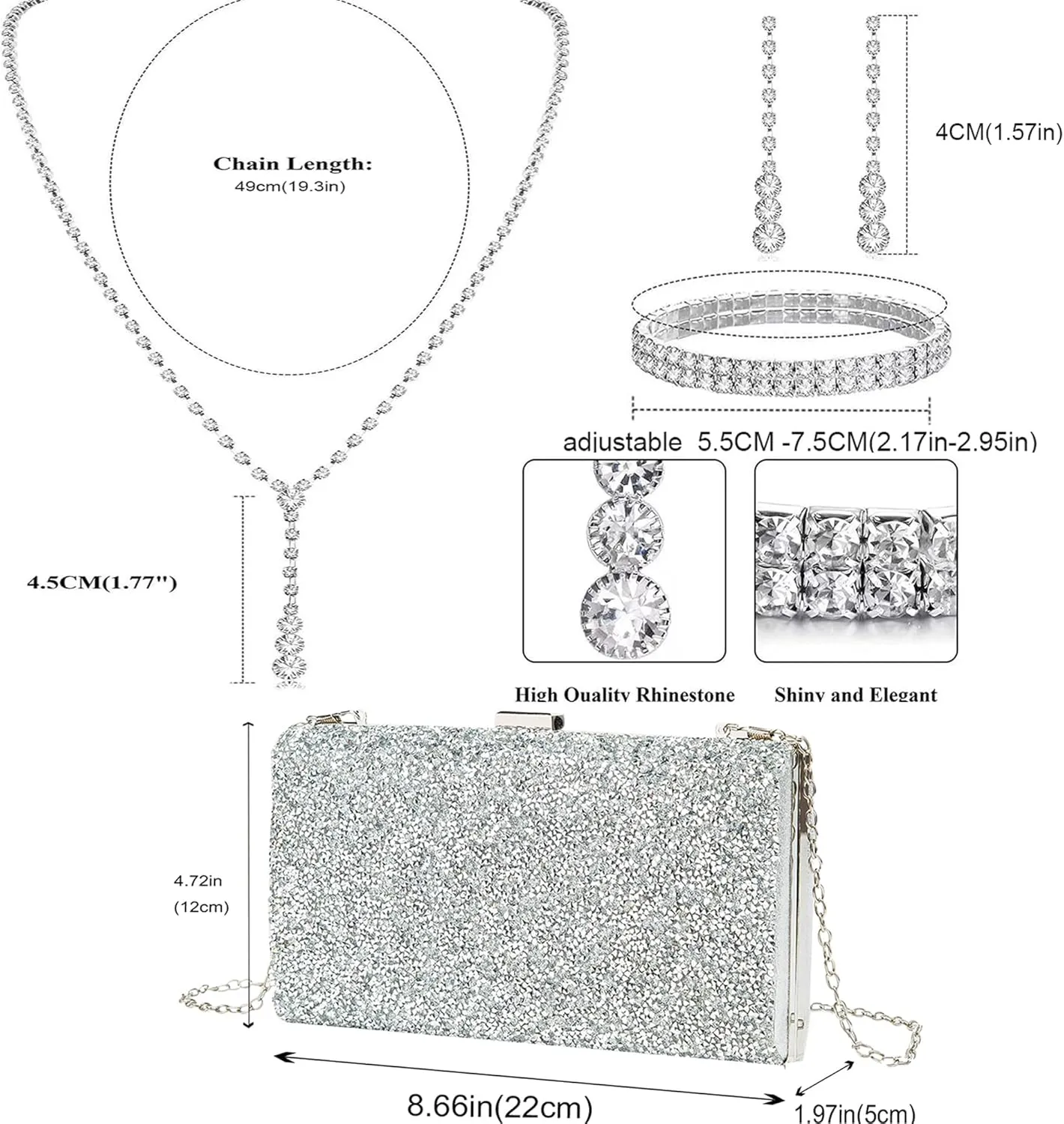 LETODE 4Pcs Clutch Purses Jewelry Set for Women Rhinestone Evening Purses For Wedding Party Prom