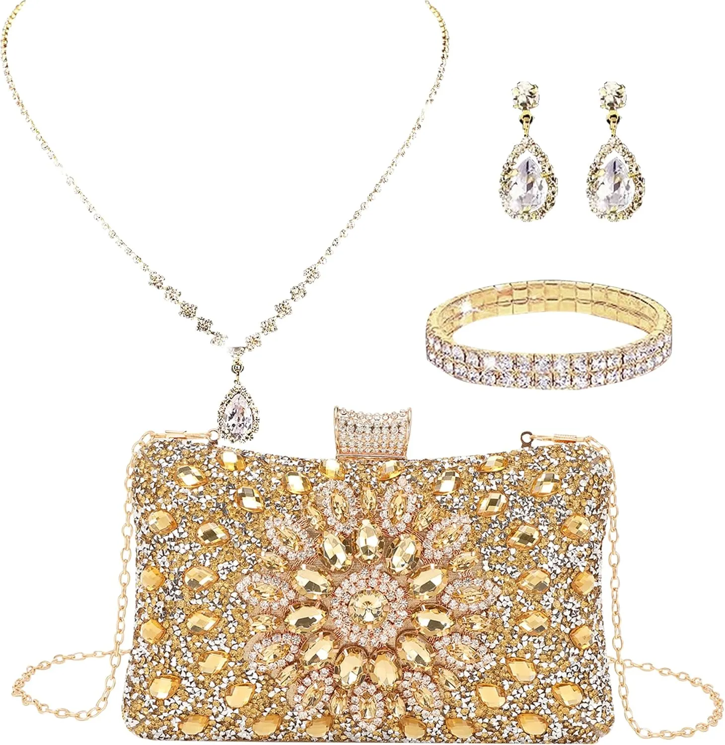 LETODE 4Pcs Clutch Purses Jewelry Set for Women Rhinestone Evening Purses For Wedding Party Prom