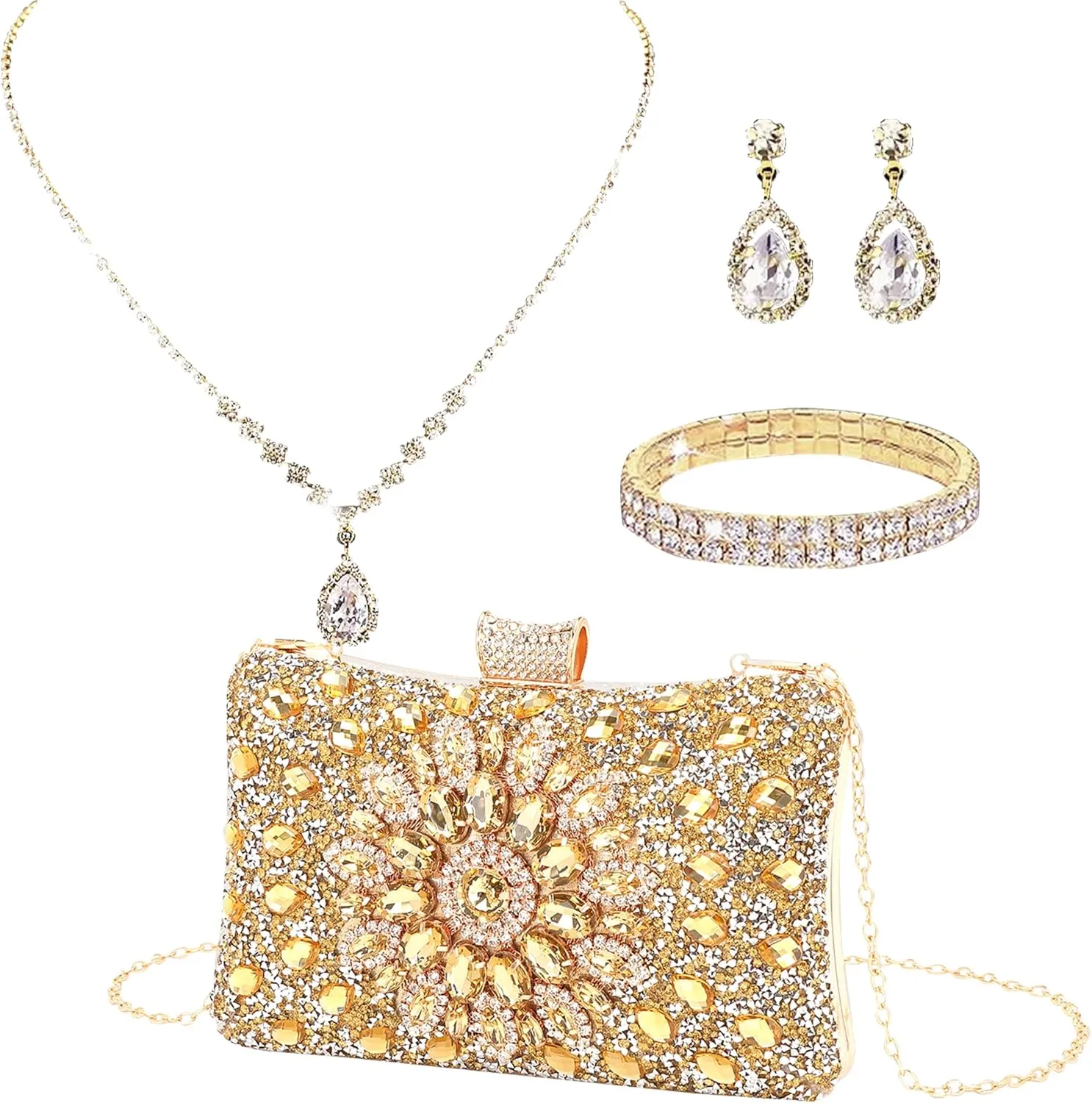 LETODE 4Pcs Clutch Purses Jewelry Set for Women Rhinestone Evening Purses For Wedding Party Prom
