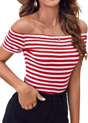 LilyCoco Striped Off The Shoulder Tops for Women Short Sleeve Sexy Fitted Pirate Shirt