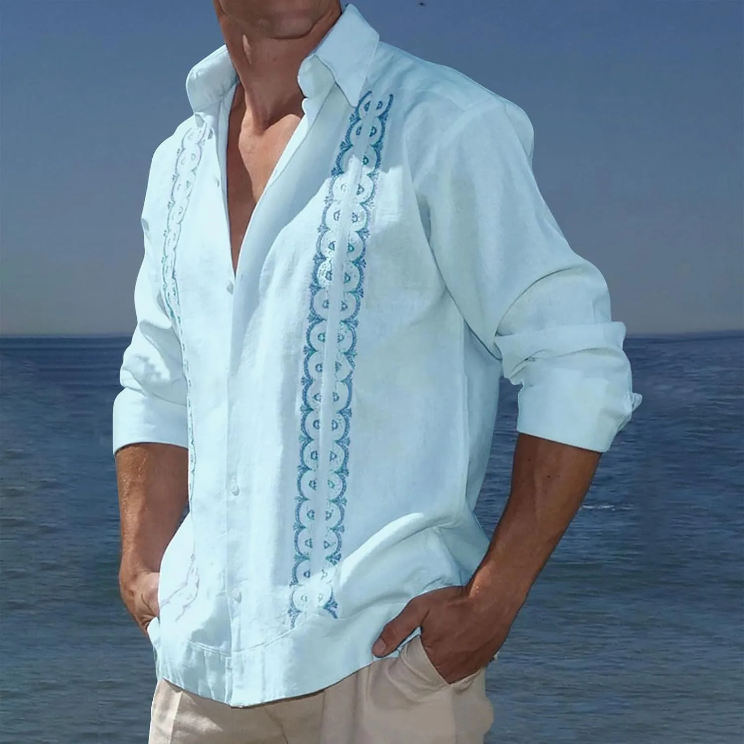 Linen Beach Shirts for Men Long Sleeve Button Down Printed Patchwork Casual Blouses Loose Cotton Hawaiian Clothes