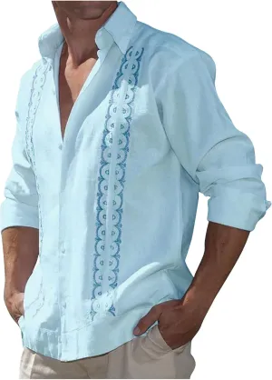 Linen Beach Shirts for Men Long Sleeve Button Down Printed Patchwork Casual Blouses Loose Cotton Hawaiian Clothes