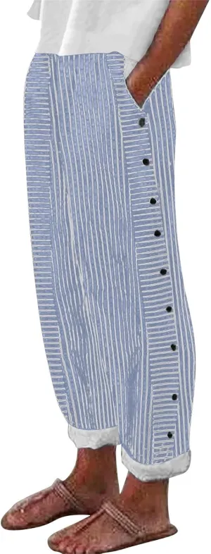 Linen Capris for Women Striped Pants Stripe Print Side Trendy Pants Baggy Elastic Waist Straight Leg Comfy Trousers