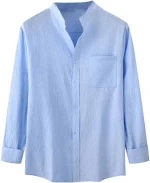 Linen Dress Shirt Men Slim Fit Trendy Button Down Solid Round Neck Beach Shirts Loose Casual 2025 Cotton Blouses