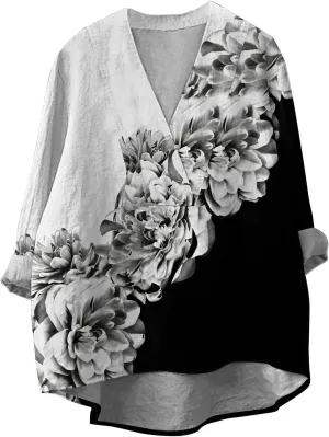 Linen Shirt for Women Breathable Tops Autumn Fragrant Fabric Shirt Solid Color Basic 3/4 Sleeve Tops