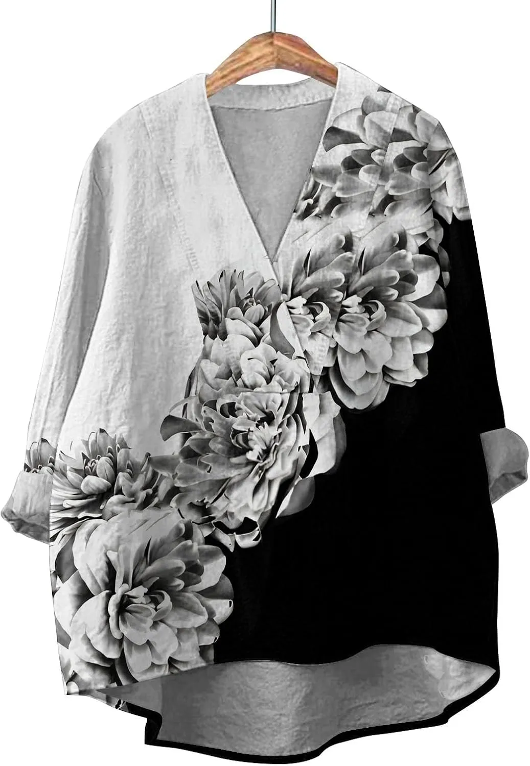 Linen Shirt for Women Breathable Tops Autumn Fragrant Fabric Shirt Solid Color Basic 3/4 Sleeve Tops