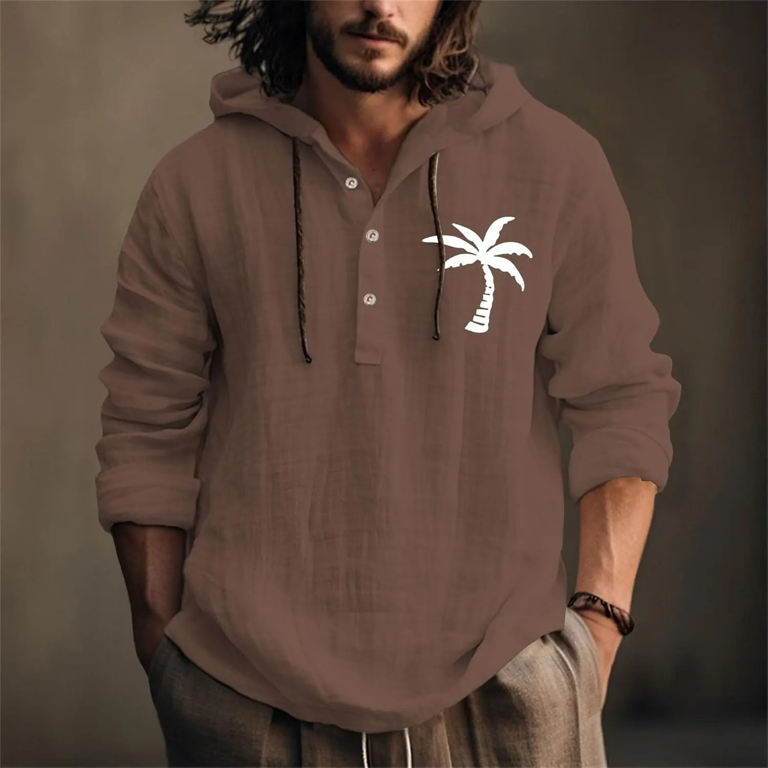 Linen Shirts for Men Casual Summer Palm Tree Print Button Up Shirt Linen Hoodie Beach Long Sleeve Shirt Top with Hood