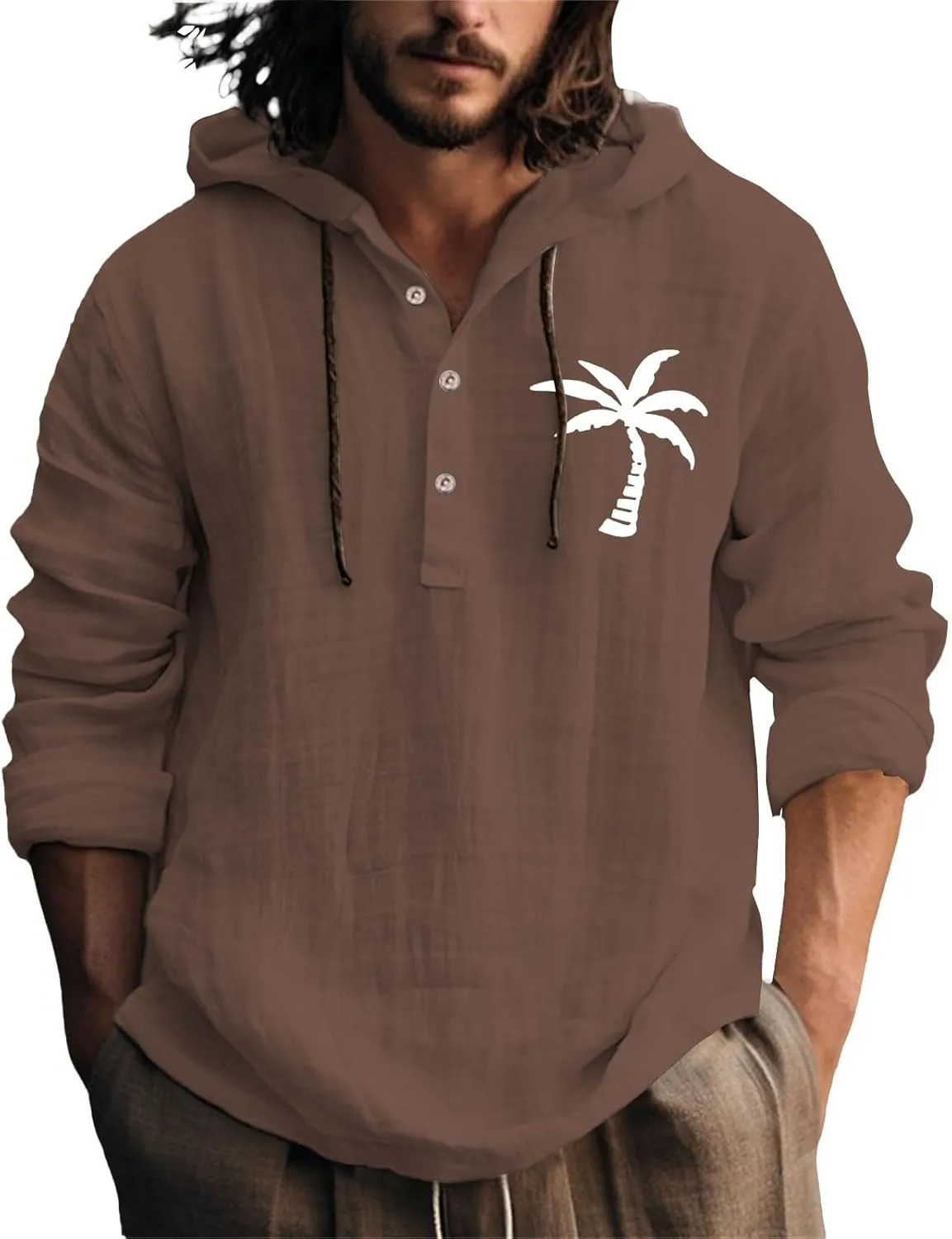 Linen Shirts for Men Casual Summer Palm Tree Print Button Up Shirt Linen Hoodie Beach Long Sleeve Shirt Top with Hood