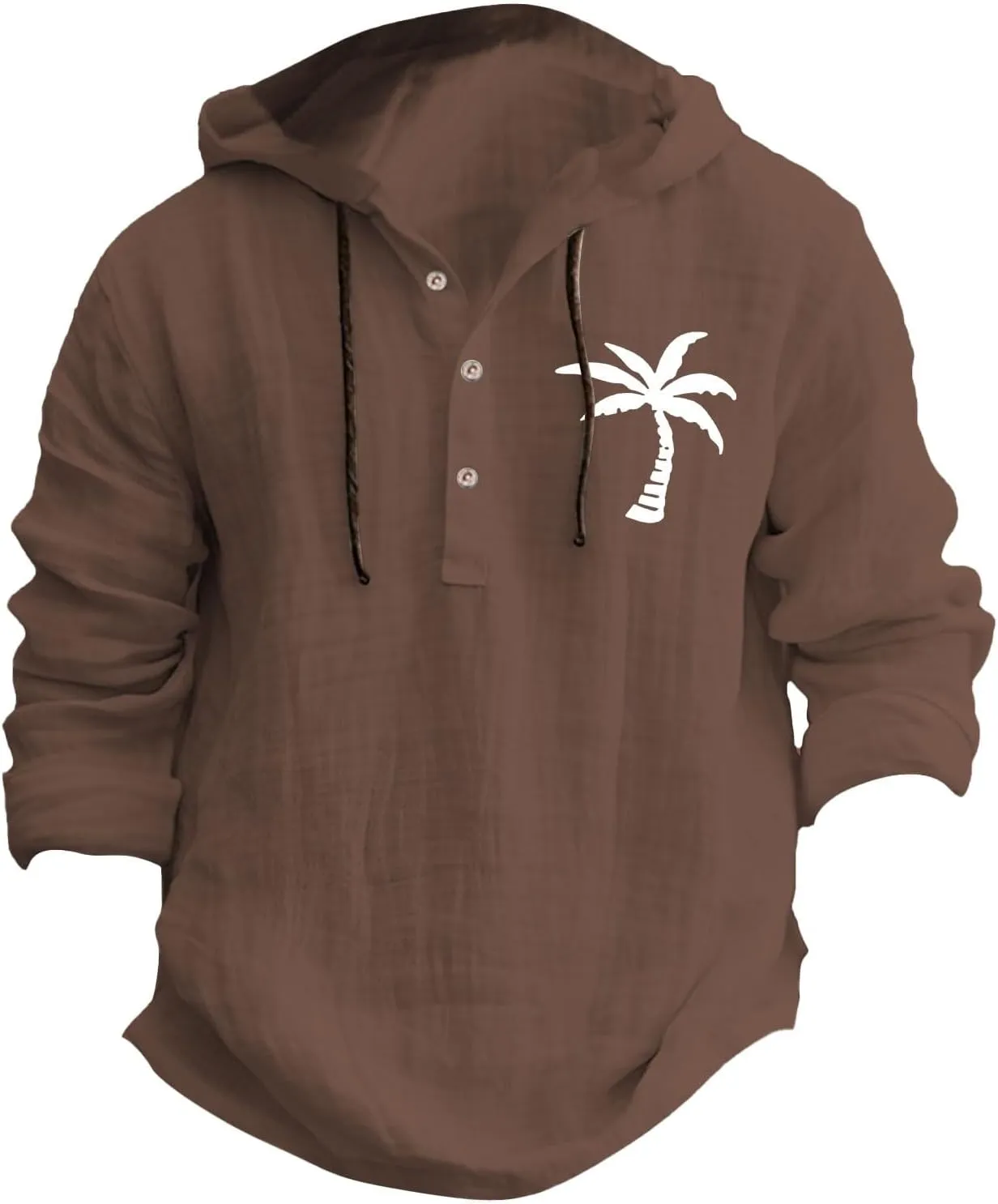 Linen Shirts for Men Casual Summer Palm Tree Print Button Up Shirt Linen Hoodie Beach Long Sleeve Shirt Top with Hood