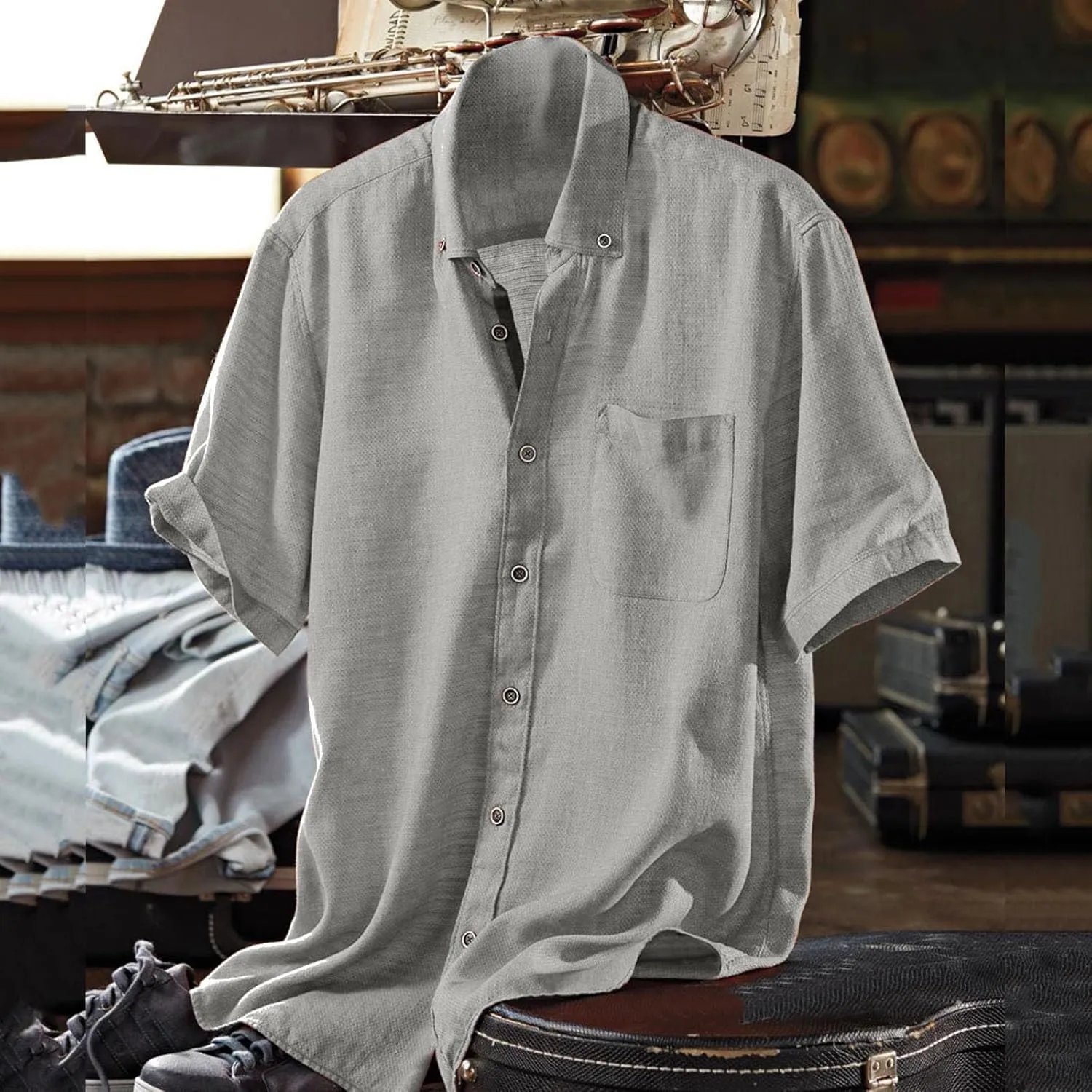 Linen Shirts for Men Trendy Button Down Short Sleeve Summer Beach Wedding Shirt Lightweight Quick Dry Chambray Blouses