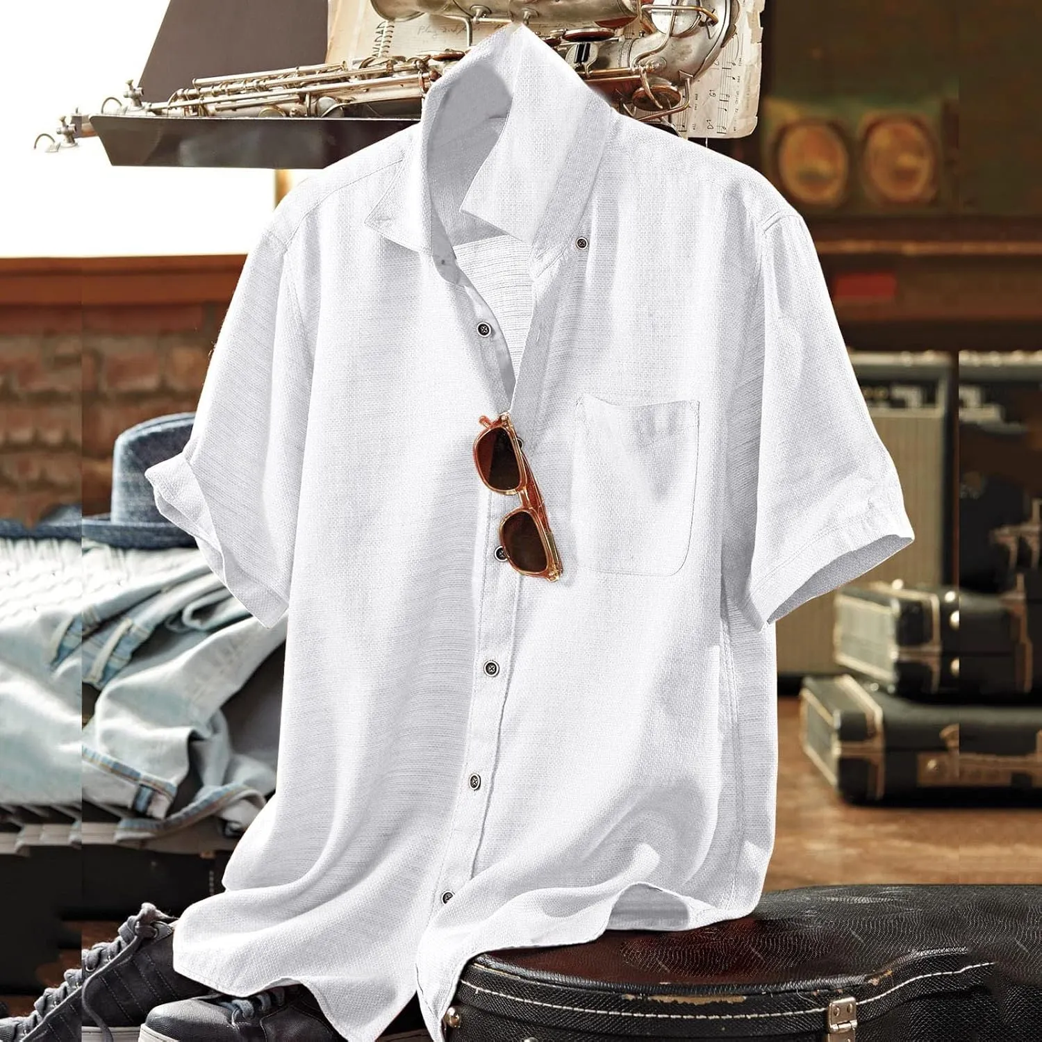 Linen Shirts for Men Trendy Button Down Short Sleeve Summer Beach Wedding Shirt Lightweight Quick Dry Chambray Blouses