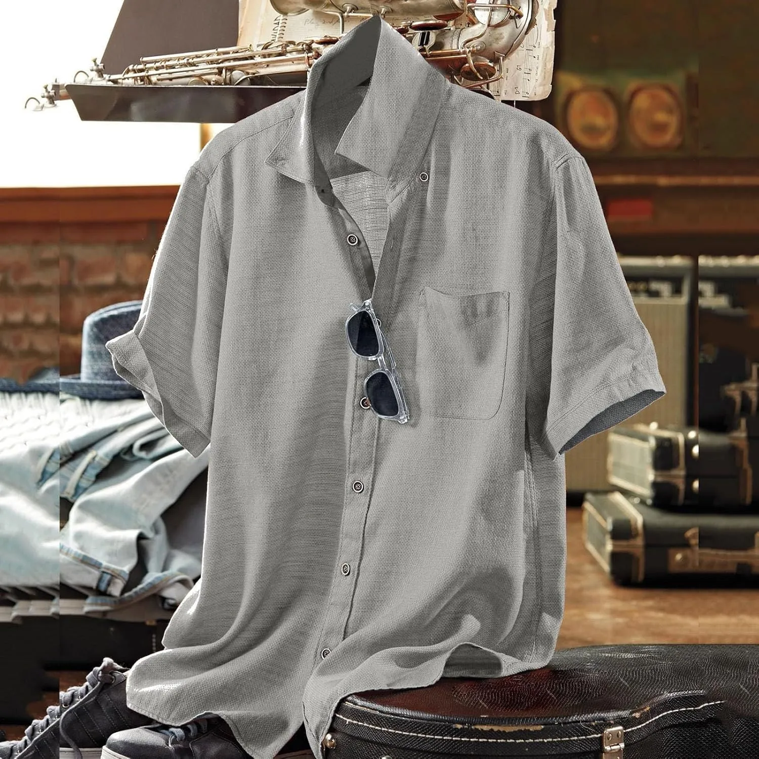 Linen Shirts for Men Trendy Button Down Short Sleeve Summer Beach Wedding Shirt Lightweight Quick Dry Chambray Blouses
