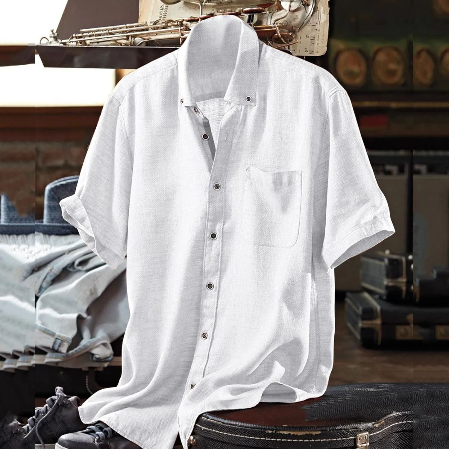 Linen Shirts for Men Trendy Button Down Short Sleeve Summer Beach Wedding Shirt Lightweight Quick Dry Chambray Blouses